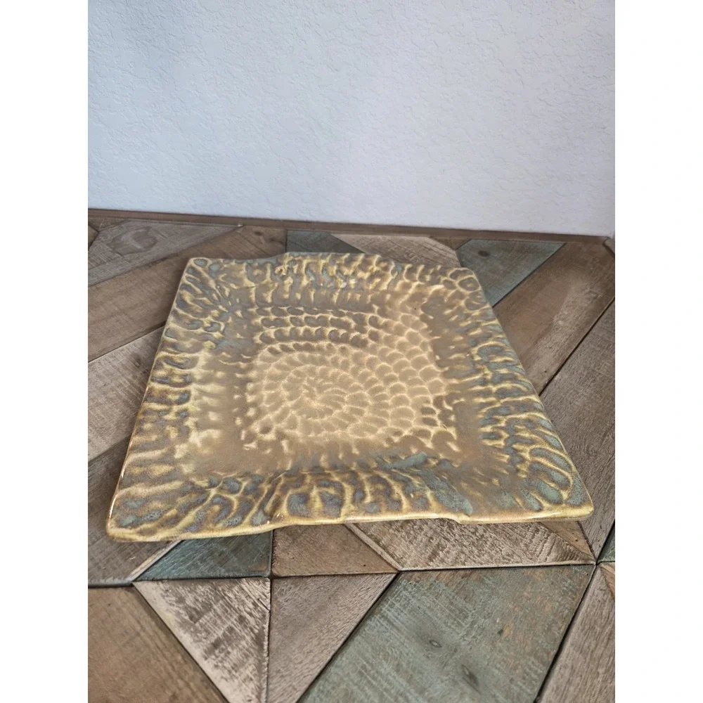 Handmade Square Pottery Hammered Look Serving Platter 10.5 X 10.5 Blue Sand‎